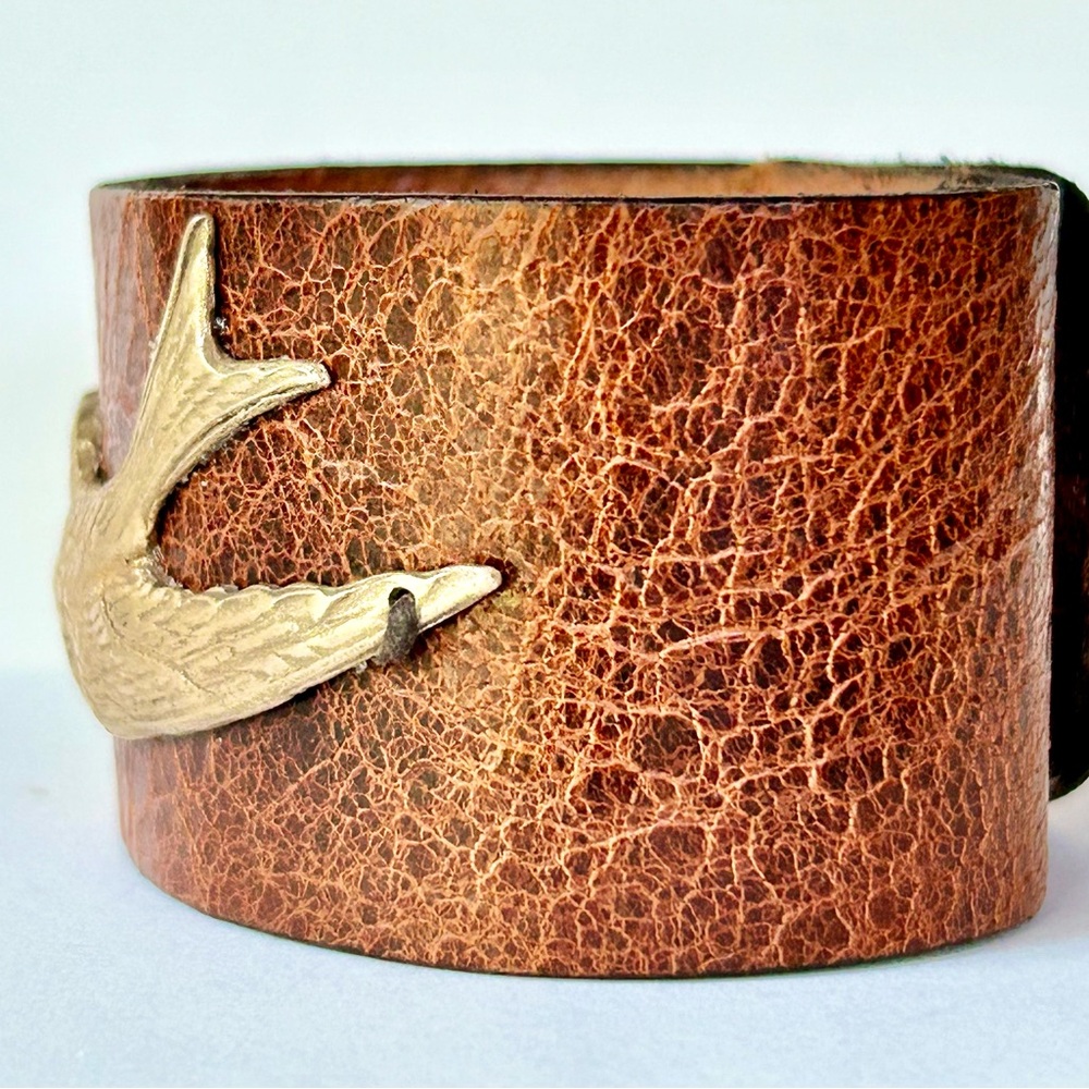***SOLD*** Handcrafted Bronze Swallow Leather Cuff Bracelet - Picture 2 of 4